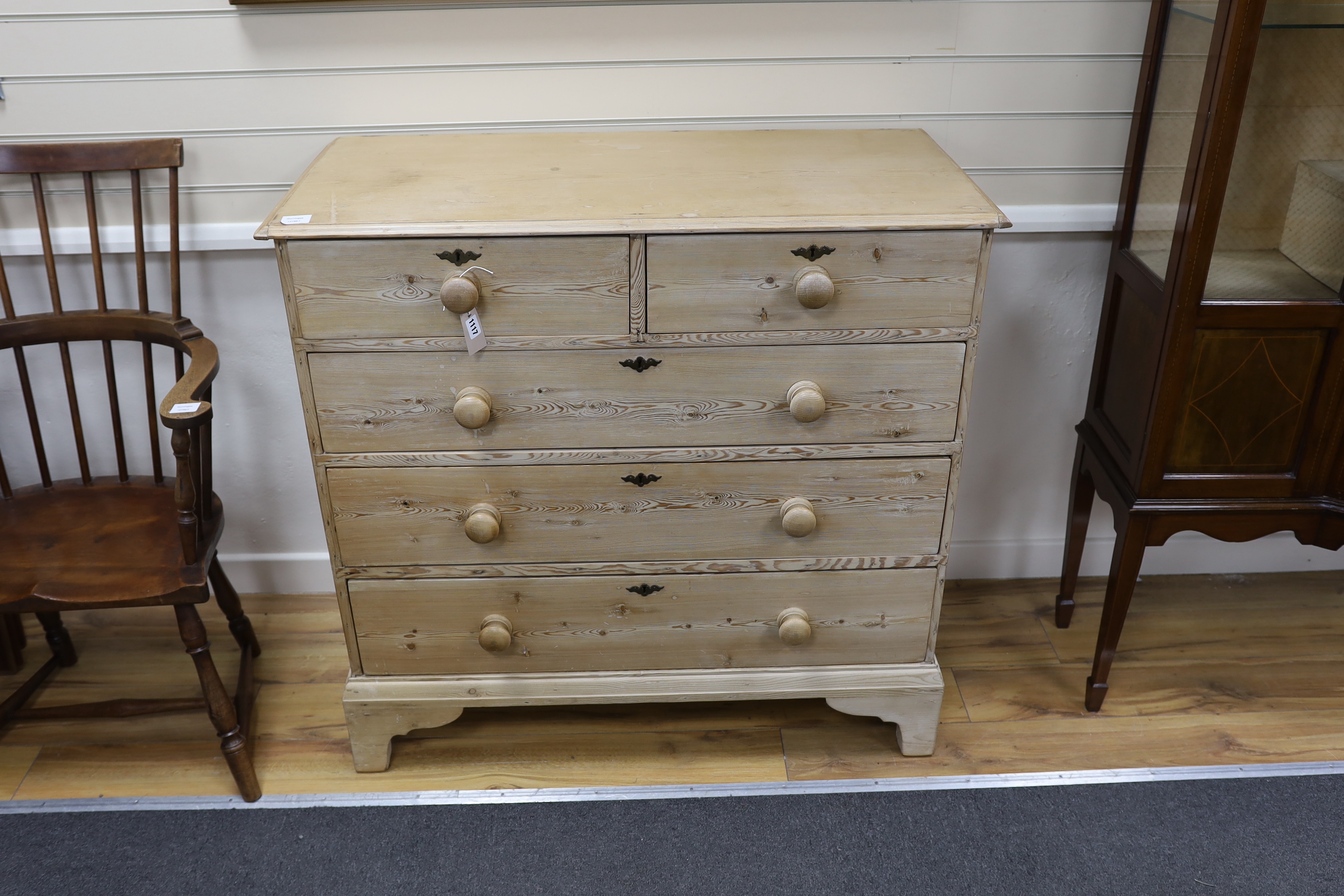 An early 19th century pine chest of five drawers, width 106cm, depth 49cm, height 102cm